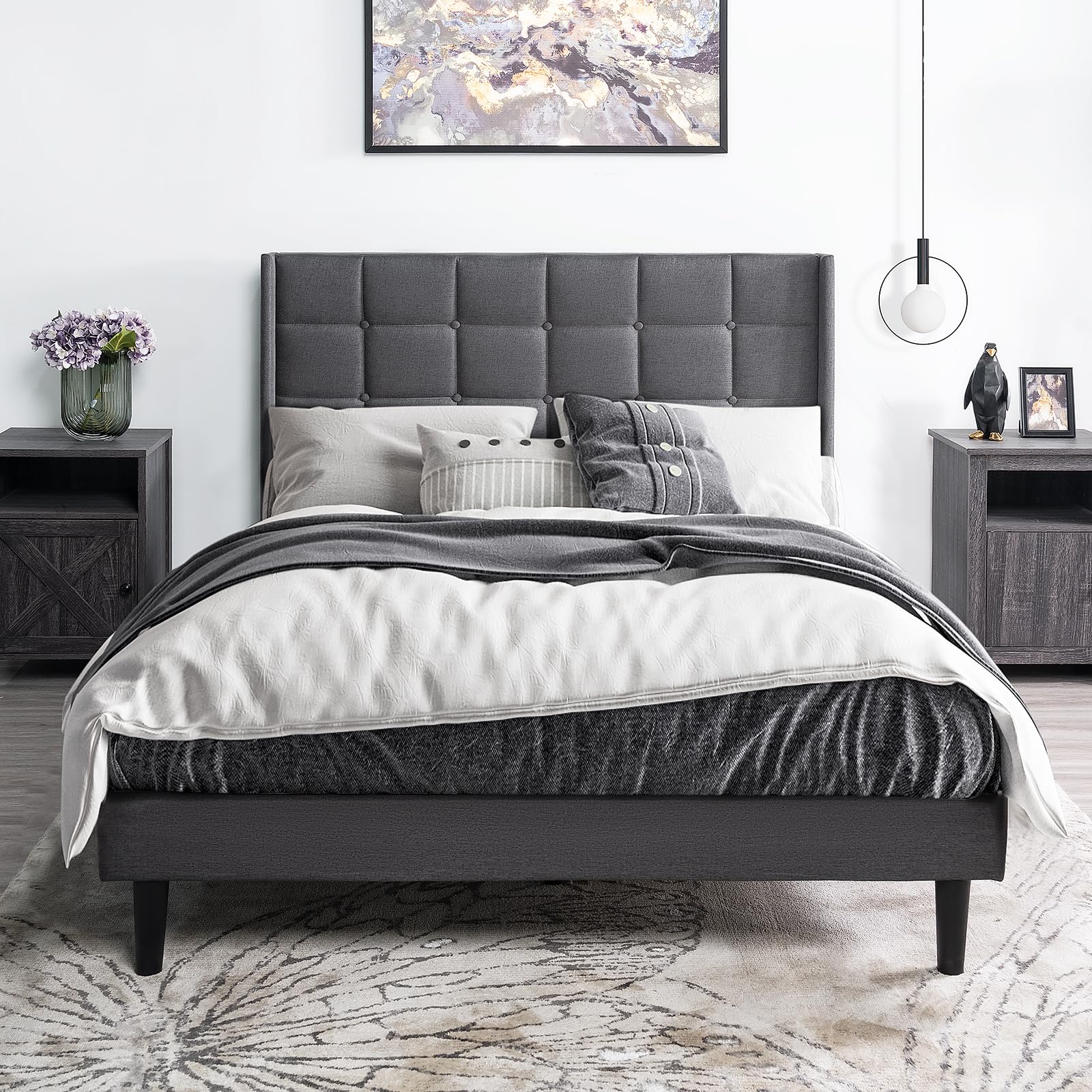 NELGUTA Dark Gray Upholstered Queen Bed Frame with Headboard - Sturdy Wooden Slats, Easy Assembly, No Box Spring Required - WoodArtSupply