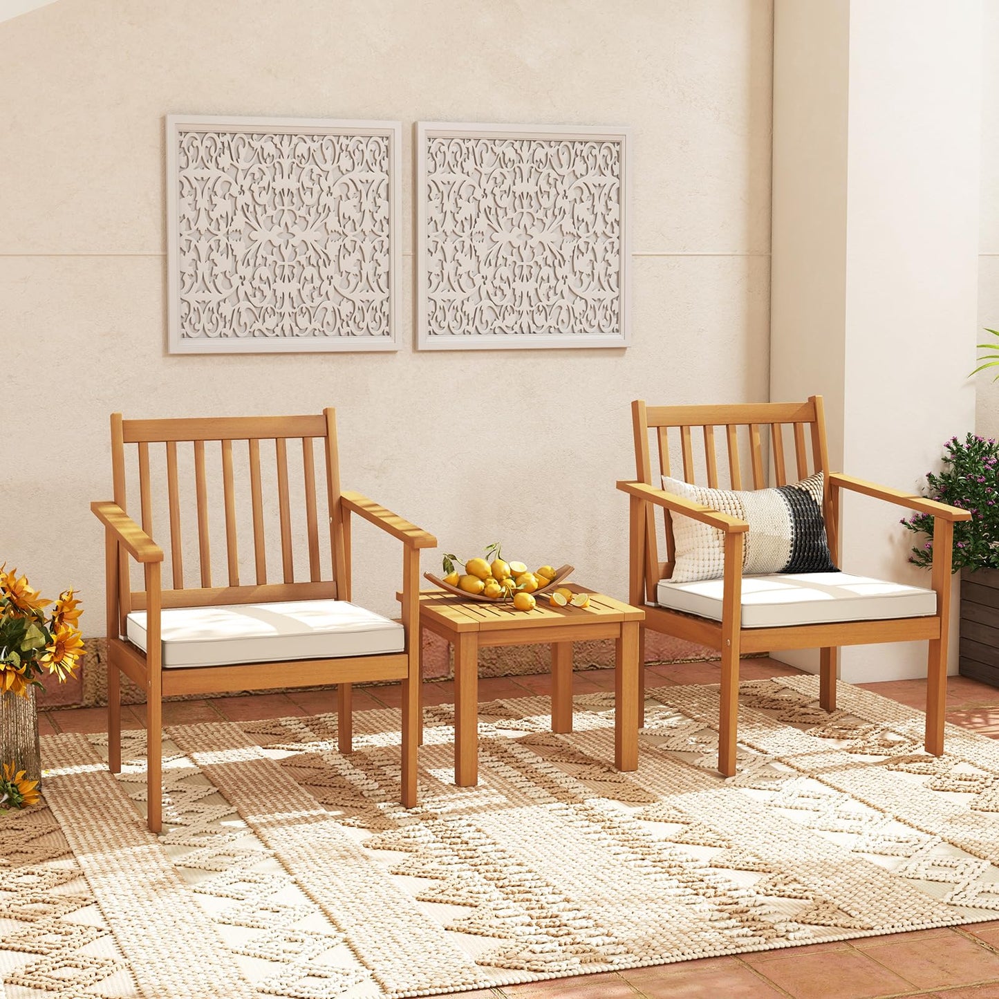 Tangkula 3 Pieces Patio Wood Furniture Set, Acacia Wood Chairs and Coffee Table Set with Soft Cushions, Slatted Design, Outdoor Furniture Set for Porch, Yard, Balcony (White) - WoodArtSupply