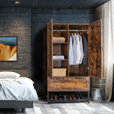 Bonnlo Armoire, Wardrobe Closet with Hanging Rod, Bedroom 71" Freestanding Wardrobe Cabinet with Doors, Adjustable Shelves and Drawer, Open Compartment, Rustic Brown, 38" W x 21" D x 71" H Bonnlo