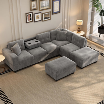 P PURLOVE Sectional Sofa Couch with Reversible Chaise and Ottoman, Polyester L-Shape Couch with 2 Pillows and Cup Holder, Sectional Sofas for Living Room (Gray)