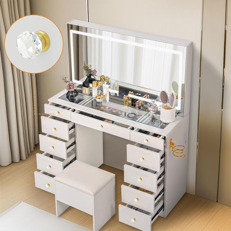 Pamapic Glass Top Vanity Desk with Crystal Handles, 11 Drawers Makeup Vanity with Mirror and Stool, 3 Lighting Modes Dressing Table, Power Outlet, Silent Slides, White Pamapic