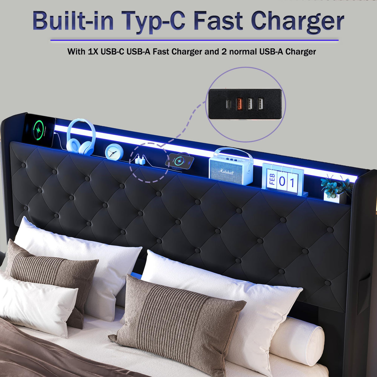 Ailisite Lift Up Storage Bed Full, Bed Frame Full Size with Charging Station & Led Lights, Upholstered Storage Bed with Wingback 2-Tier Bookcase Headboard, Hydraulic Lift, No Box Spring Needed,Black Ailisite