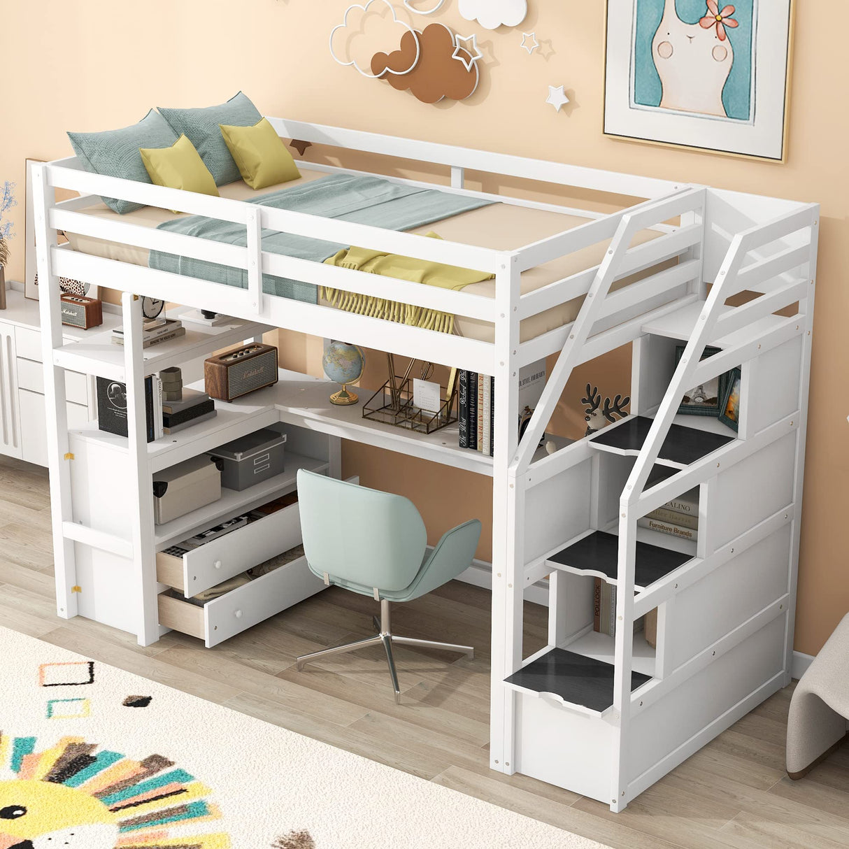 Twin Loft Bed with Storage Staircase and Desk, Wood Twin Size Loft Bed with Shelves and 2 Drawers, Loft Bed with Step for Kids Boys Girls Teens, White Harper & Bright Designs