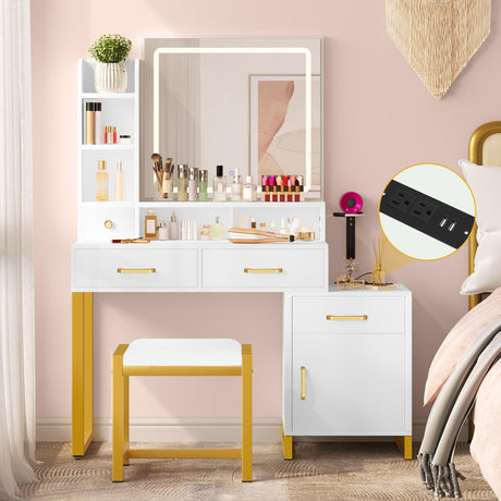 DWVO Vanity Desk with Mirror and Lights, Makeup Vanity with Lights and Drawers, Vanity Mirror with Lights and Table Set, 3 Color Adjustable Lighting Brightness & Power Outlet Snowy-White DWVO