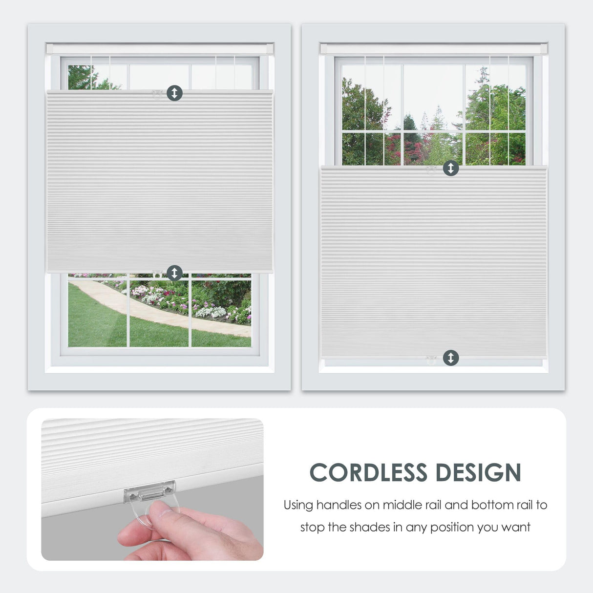 LazBlinds No Tools No Drill Cordless Cellular Shades, Top Down Bottom Up (TDBU) Honeycomb Shades for Home, Blackout Light Blocking Thermal Insulation Blinds for Windows, 34" W x 64" H, White LazBlinds