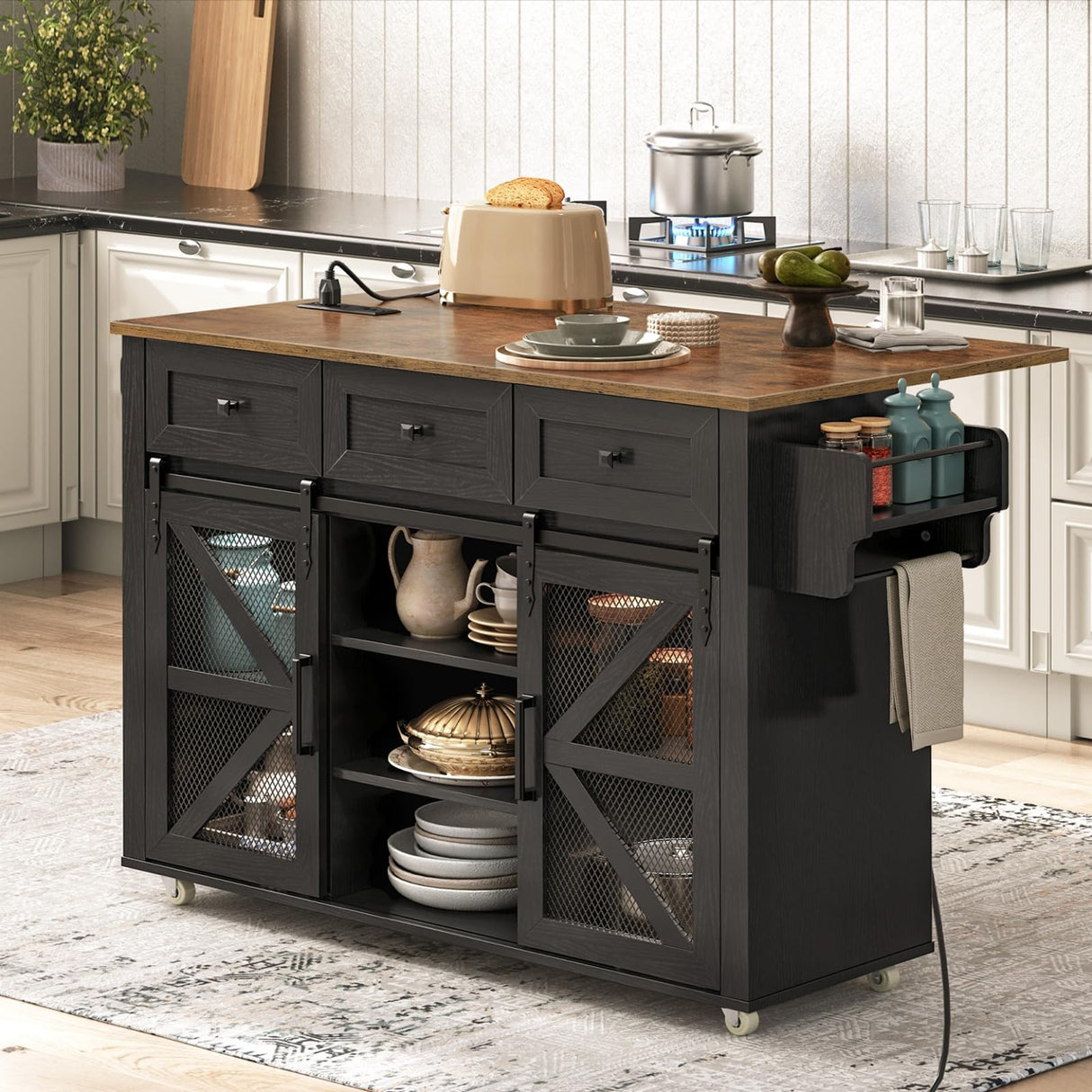 RALGEND Kitchen Island with Storage, Kitchen Cart with Charging Station, Rolling Kitchen Island Table with Drop-Leaf, 3 Drawers, Barn Doors, Towel Rack and Spice Rack, Black and Rustic Brown RALGEND