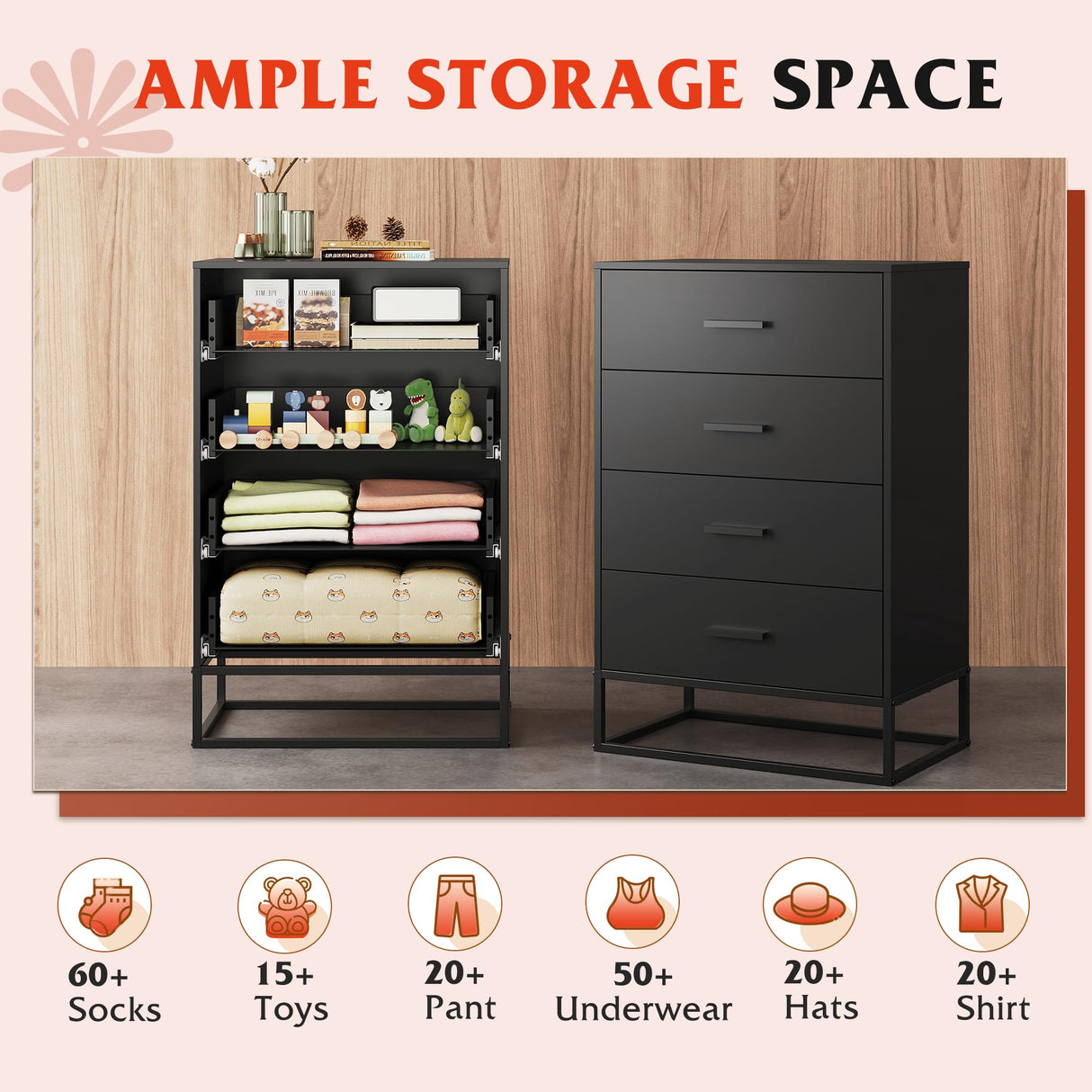 WLIVE Wood Dresser for Bedroom with 4 Drawers, Nightstand, Chest of Drawers, Tall Dresser Drawers with Sturdy Metal Frame for Hallway, Living Room, Closet, Black WLIVE