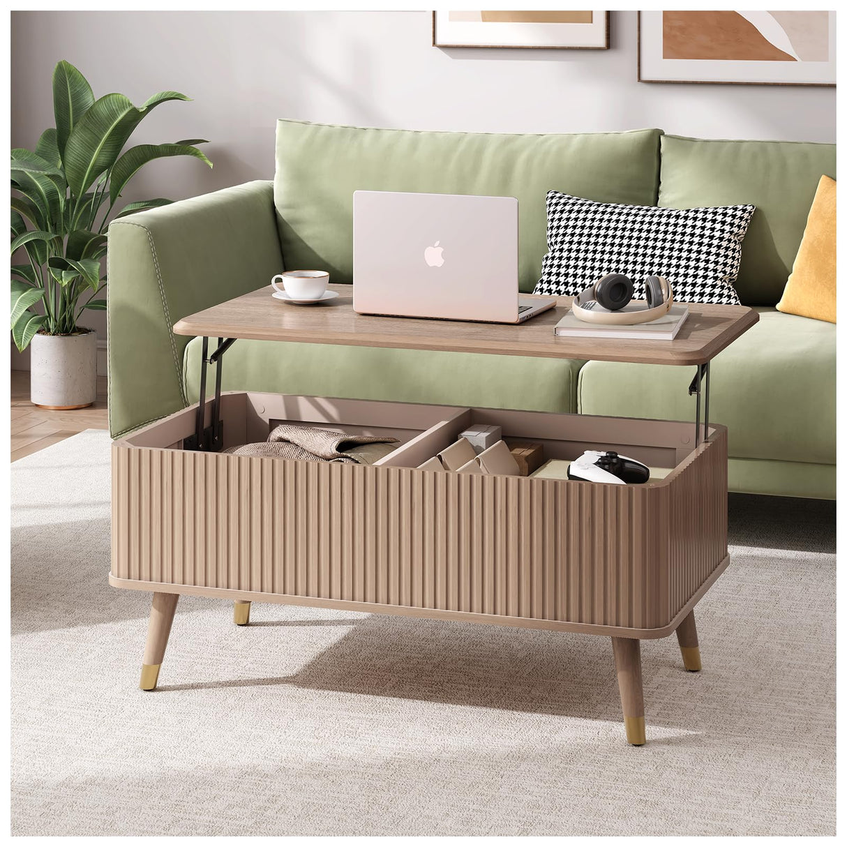 Vanvuson Lift Top Coffee Table with Storage, Mid Century Modern Coffee Table with Solid Wood Legs, 38" Minimalist Fluted Center Table for Living Room, Home Office, Natural Oak Vanvuson