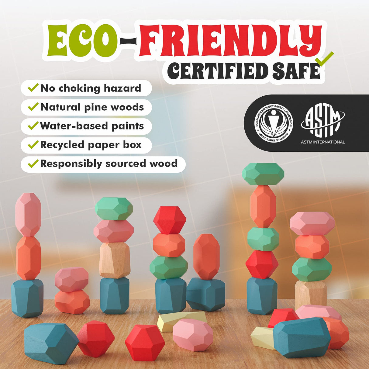 EVERSMART 36 Pcs Wooden Stacking Blocks – Montessori Toys for 1 2 3 4 5 6 Year Old Toddlers and Kids, XL Rocks, No Choking Hazard – Sensory STEM Building Stones, Girl or Boy Birthday Gifts EVERSMART