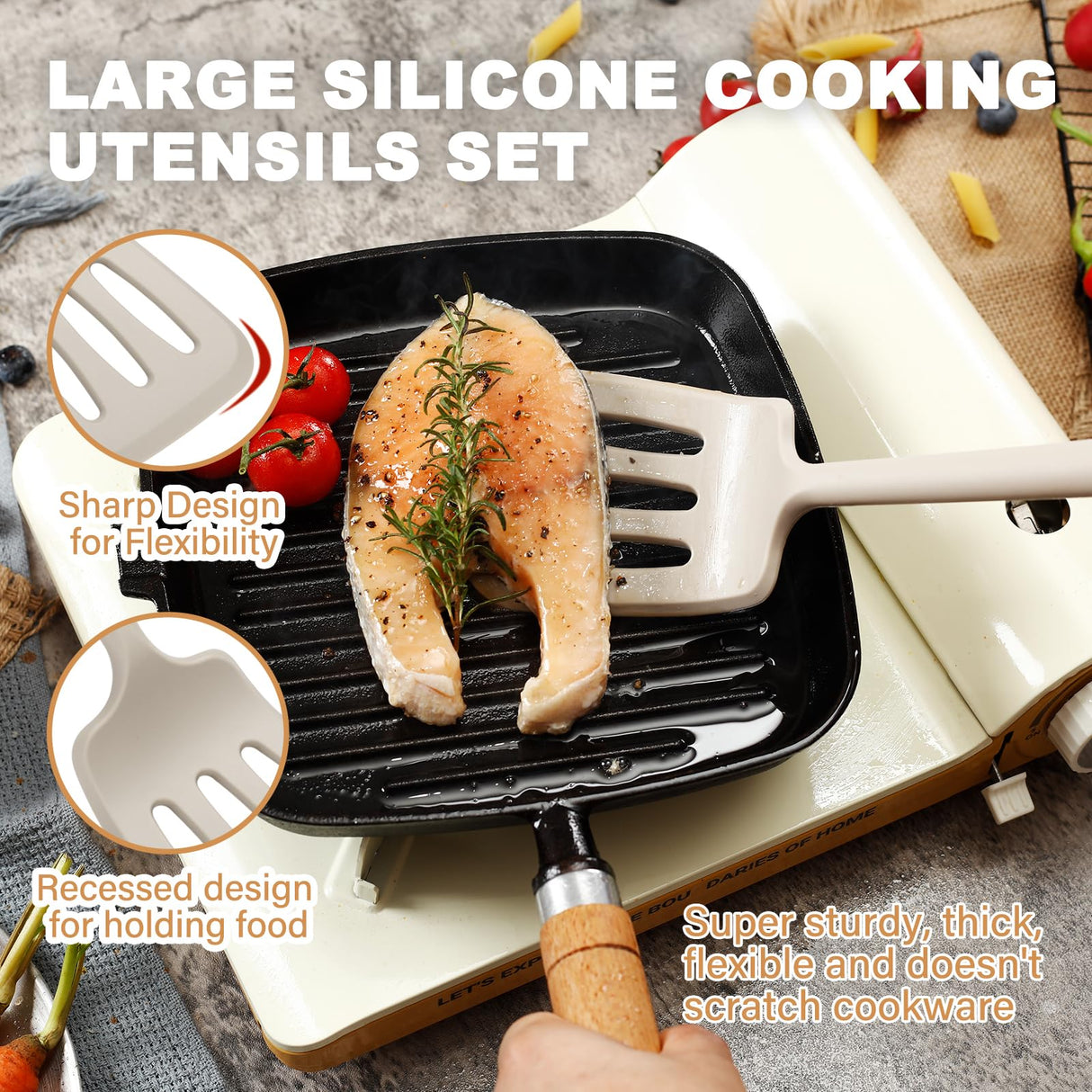 QMVESS Large Silicone Cooking Utensils Set 7 Pcs Heat Resistant Kitchen Utensils Set Food Grade Silicone and Wooden Handles Spatula Soup Ladle Pasta Server Kitchen Scissors BPA Free (Khaki) QMVESS