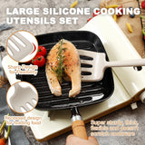 QMVESS Large Silicone Cooking Utensils Set 7 Pcs Heat Resistant Kitchen Utensils Set Food Grade Silicone and Wooden Handles Spatula Soup Ladle Pasta Server Kitchen Scissors BPA Free (Khaki) QMVESS