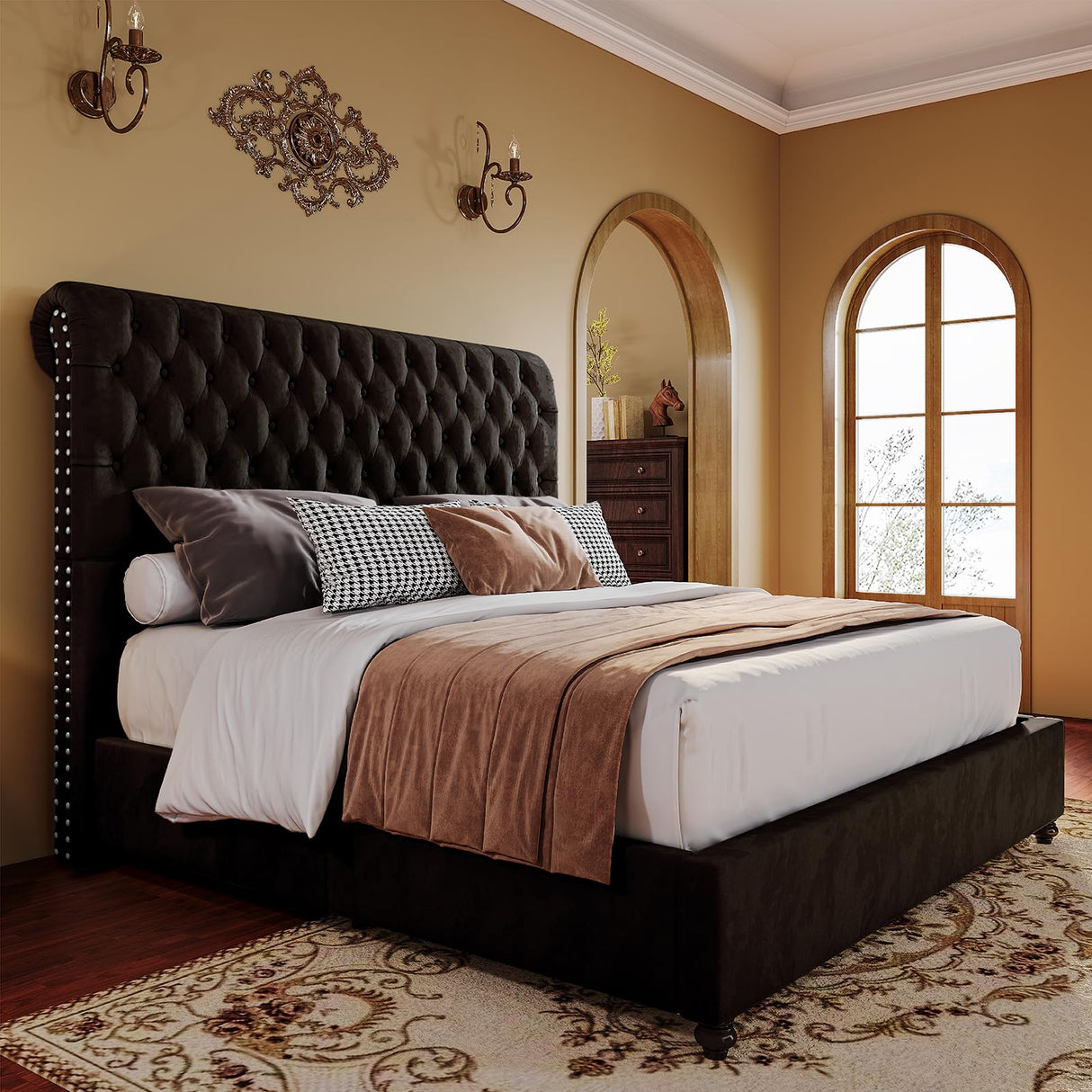 PaPaJet King Bed Frame Upholstered Platform Bed Frame with 52.8'' Tall Sleigh Headboard, Button Tufted, No Box Spring Needed, Easy Assembly, Black PaPaJet