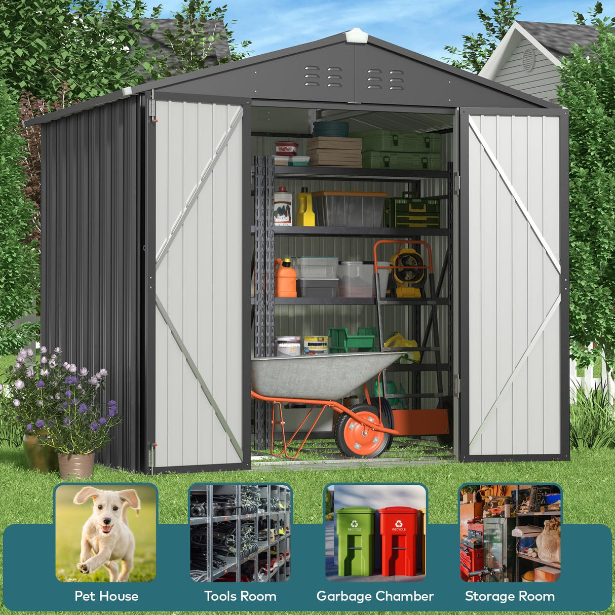 Gizoon Outdoor Storage Shed 8 x 6 FT, Galvanized Metal Garden Shed with Double Lockable Doors, Outdoor Storage Clearance for Backyard Patio Lawn-Dark Grey Gizoon