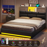 MSmask Queen Bed Frame with Bookcase Headboard and Sliding Doors, Upholstered LED Bed Frame Queen Size with Charging Station, 4 Storage Drawers, No Box Spring Needed, Black & Grey MSmask