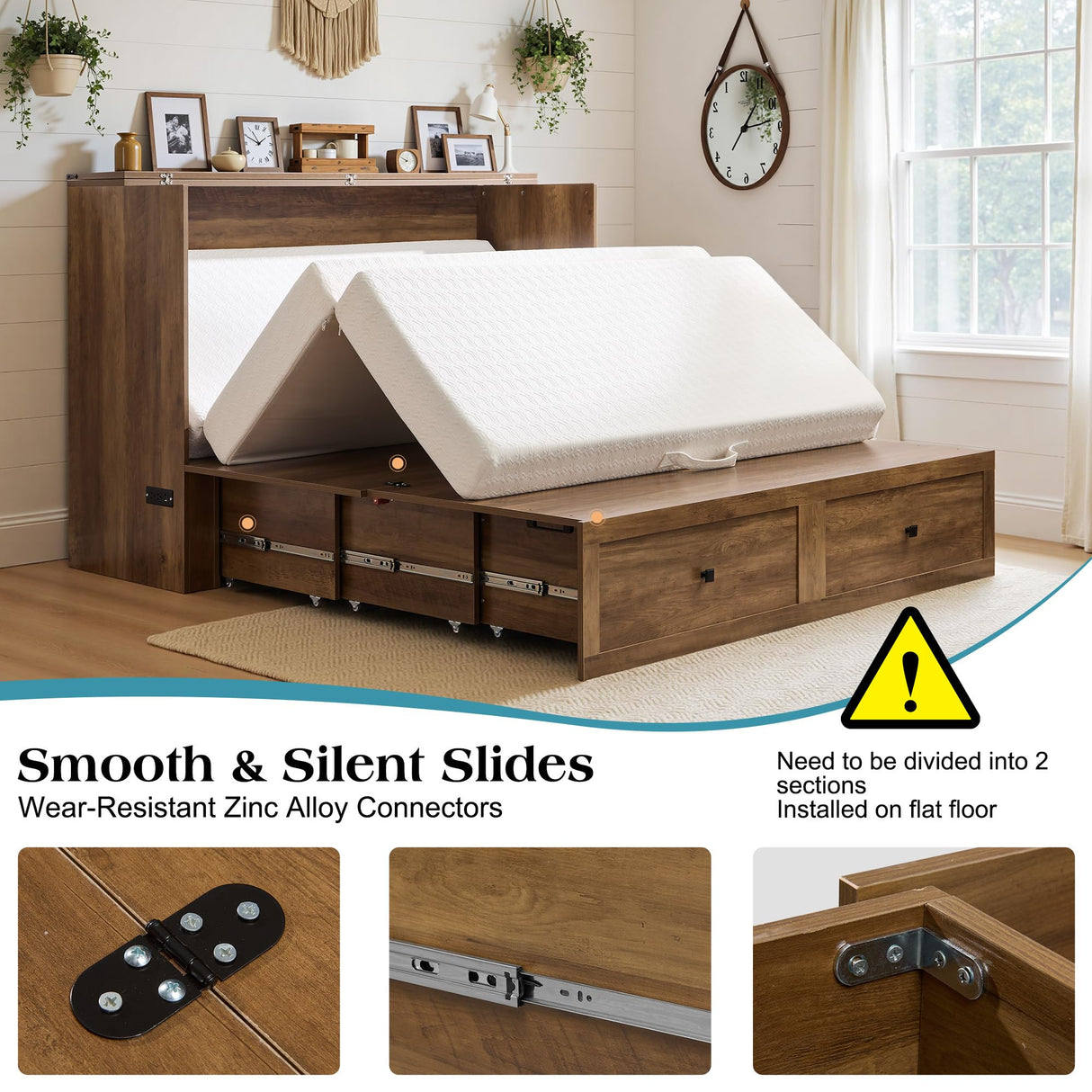 LUXOAK Queen Murphy Bed with Storage and Charging Station, Farmhouse Cabinet Bed, Noise-Free, for Guest Room, Apartment, or Office, Barnwood LUXOAK