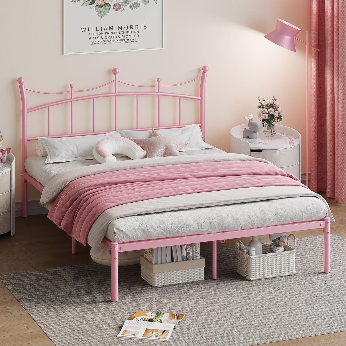 Weehom Full Size Bed Frame with Headboard, Metal Platform Bed for Kids Adults Easy Assembly Under Bed Storage Space Heavy Duty Steel Slat Support No Box Spring Needed, Pink Weehom