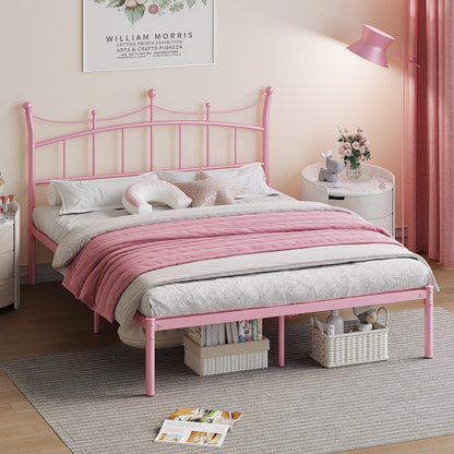 Weehom Full Size Bed Frame with Headboard, Metal Platform Bed for Kids Adults Easy Assembly Under Bed Storage Space Heavy Duty Steel Slat Support No Box Spring Needed, Pink