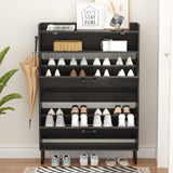 Shoe Cabinet with 2 Flip Drawers, Freestanding Hidden Shoe Storage Organizer for Entryway, Narrow Slim Shoe Rack Cabinet with Open Storage & Hooks for Front Door Entrance, Living Room, Hallway, Black Xixini