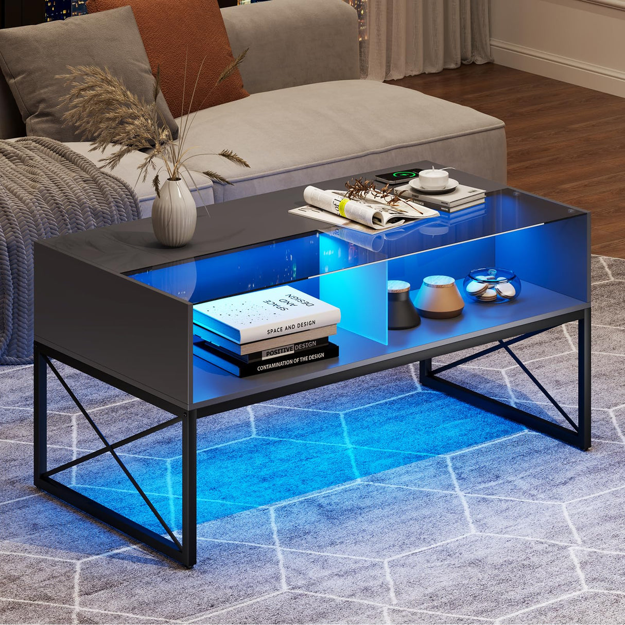 Glass Coffee Tables for Living Room, Grey Mid Century Modern Coffee Table with Storage, Smart Led Light Wood Coffee Table（Grey） HWB