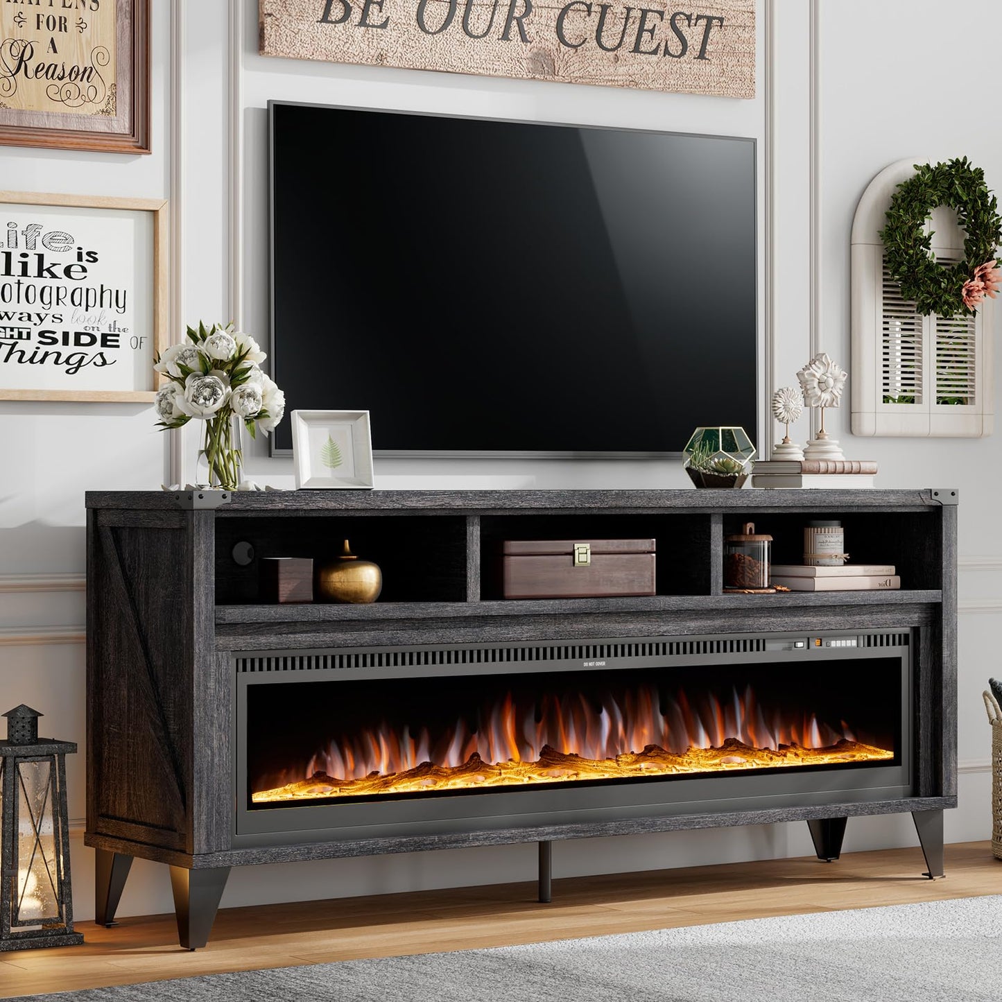 AMERLIFE 65" Fireplace TV Stand with 60" Glass Electric Fireplace, Industrial & Farmhouse Media Entertainment Center with Open Shelve Storage for TVs Up to 75", TV Console for Living Room, Gray