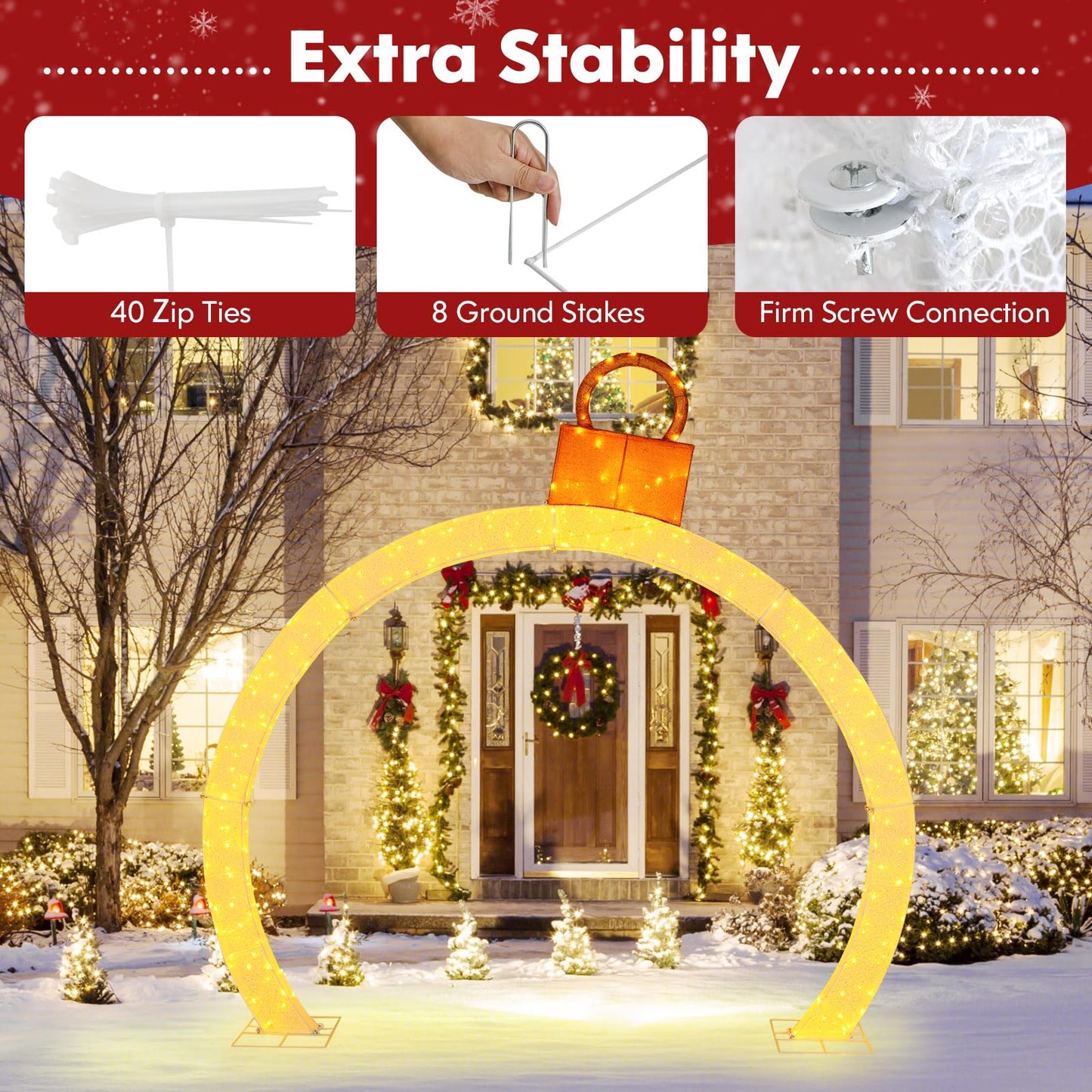 Tangkula 10.5 FT Outdoor Christmas Lighted Archway with Gold Ornament Cap, 300 Warm White LED Lights, Zip Ties & Stakes, Holiday Xmas Yard Decorations with LED Lights, Archway Outdoor Decorations