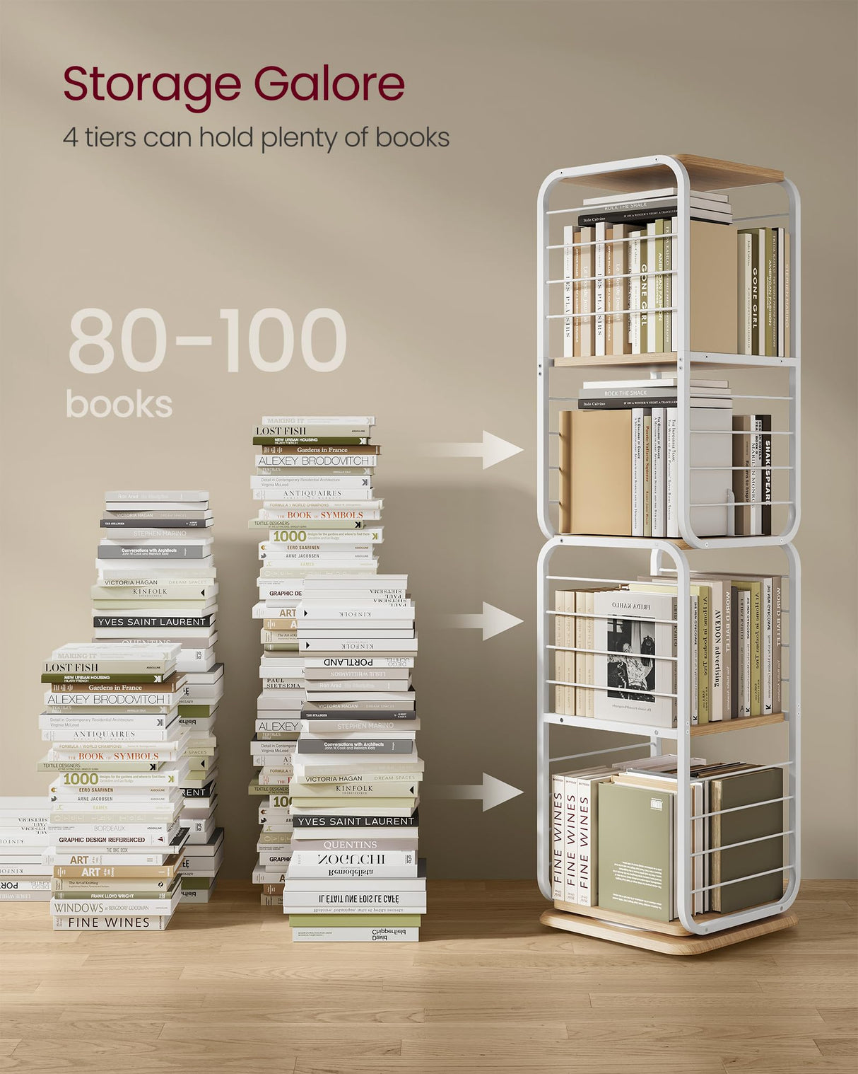 VASAGLE 4-Tier Rotating Corner Bookshelf with Bookends in Cloud White VASAGLE