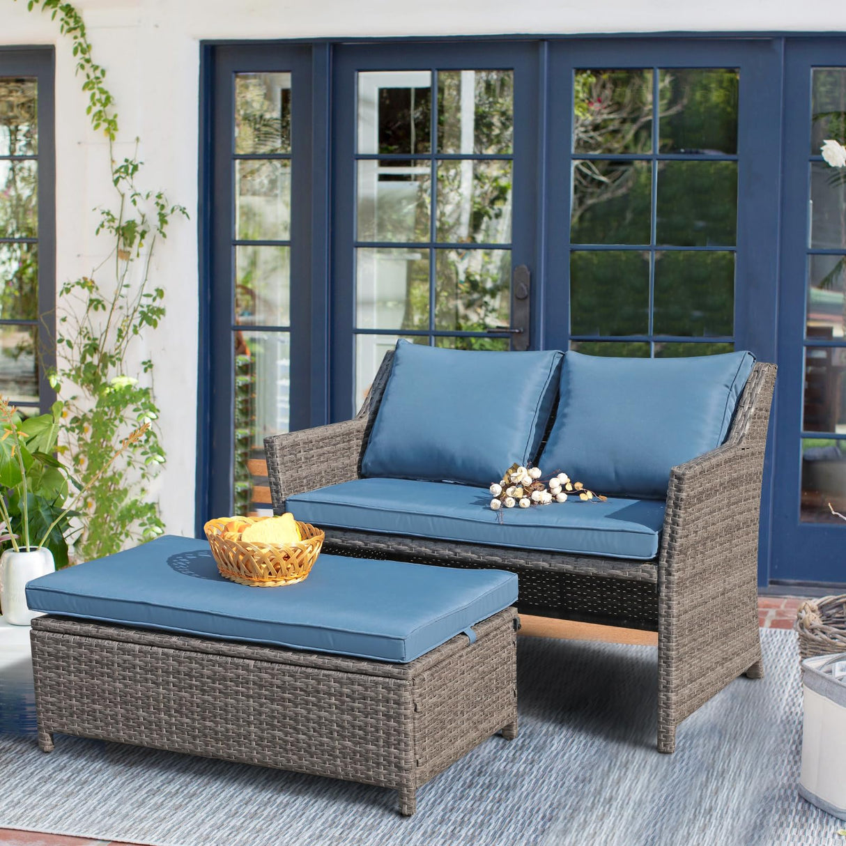 OC Orange-Casual 2-Piece Outdoor Patio Furniture Wicker Love-seat and Coffee Table Set, with Built-in Storage Bin, Grey Rattan, Navy Blue Cushions OC Orange-Casual