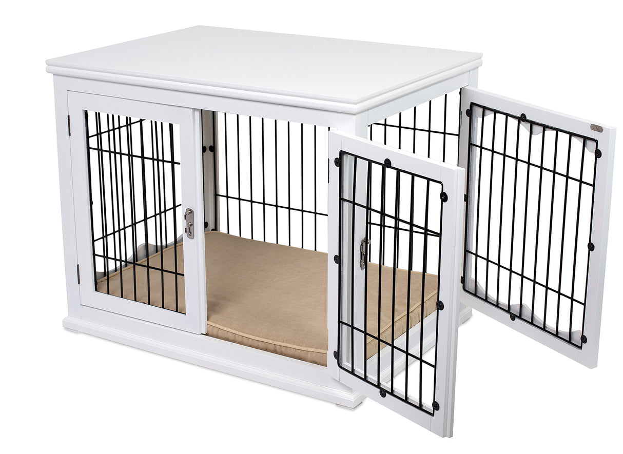 BIRDROCK HOME Decorative Dog Kennel with Pet Bed - Small Indoor Pet Crate, Double Door Design, Engineered Wood & Metal Wire, Furniture-Style House for Small Dogs, Side Table or Nightstand, White BIRDROCK HOME