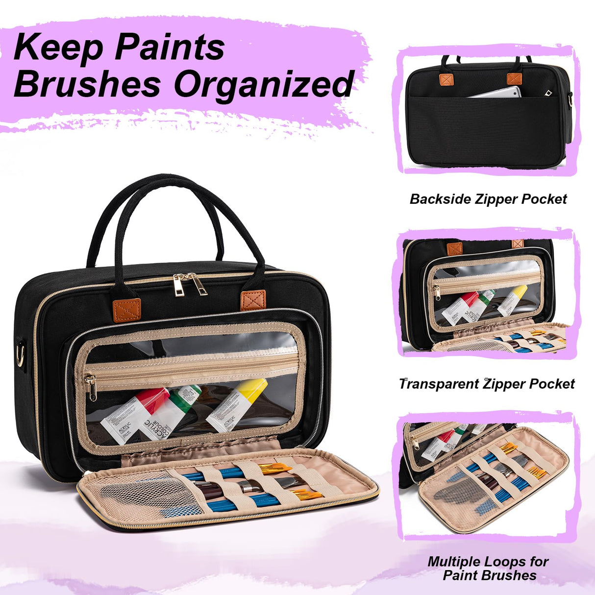 Mecozone Acrylic Paint Organizers Fits up to 54 Bottles 2 oz, Acrylic Paint Carry Case with Shoulder Strap for Art Supply Storage, Black Mecozone