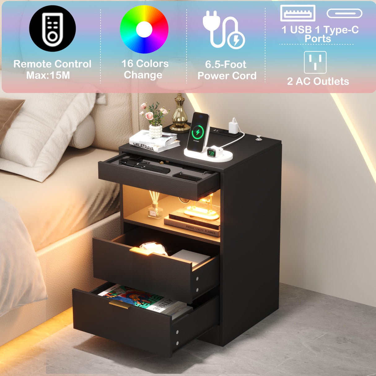 Yusong Night Stand with Gun Drawer & Invisible Lock, Bedside Table, LED Nightstand with Charging Station, Modern Night Stand, Wood Sofa Couch End Side Table with 2 Pull-Out Shelf, Black Yusong