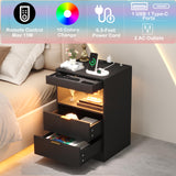 Yusong Night Stand with Gun Drawer & Invisible Lock, Bedside Table, LED Nightstand with Charging Station, Modern Night Stand, Wood Sofa Couch End Side Table with 2 Pull-Out Shelf, Black Yusong