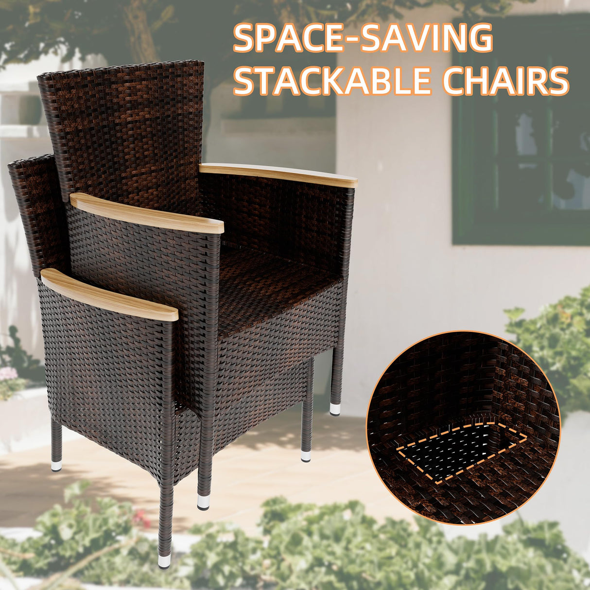 JAMFLY 7 Pieces Outdoor Patio Dining Set, Wicker Patio Furniture Set with Wood Table and 6 Chairs with Soft Cushions for Yard, Garden, Porch and Poolside (Brown) JAMFLY