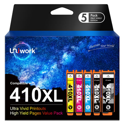 Uniwork Remanufactured Ink Cartridge Replacement for Epson 410XL 410 XL T410XL use for Expression XP-830 XP-640 XP-7100 XP-630 XP-530 XP-635 Printer Tray (Latest Upgraded Chip, 5 Pack)