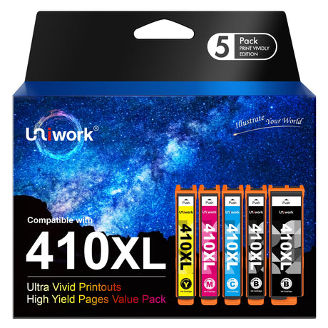 Uniwork Remanufactured Ink Cartridge Replacement for Epson 410XL 410 XL T410XL use for Expression XP-830 XP-640 XP-7100 XP-630 XP-530 XP-635 Printer Tray (Latest Upgraded Chip, 5 Pack) Uniwork