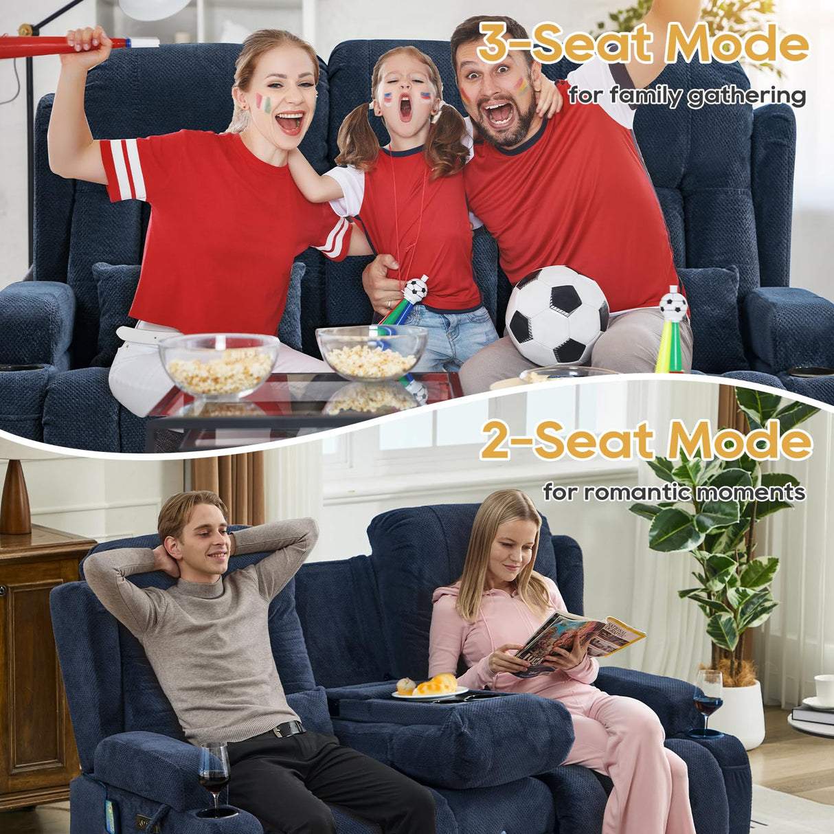 IPKIG Power Loveseat Recliner Sofa with Flip-Up Backrest Console, Drawer, AC Outlet, LED Light, Bluetooth Speakers, Wall Hugger Recliners for Living Room, RV, Home Theater (Navy Blue, Loveseat) IPKIG