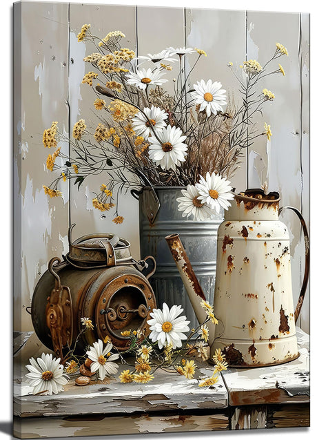 Farmhouse Rustic Flower Bathroom Canvas Wall Art White Jasmine and Rust Color Watering Can Wall Decor Picture Vintage Daisy Floral Posters Print for Bathroom Toilet Washroom Lavatory Home Decoration HHN