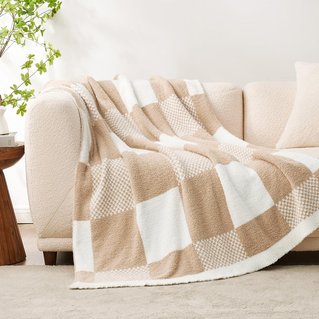 Snuggle Sac Checkered Blanket, Beige Throw Blanket for Couch Plaid Microfiber Fluffy Warm Cozy Fuzzy Soft Throw Blanket Reversible Checkerered Blankets for Sofa, Chair, Bed, 50x60 inches Snuggle Sac