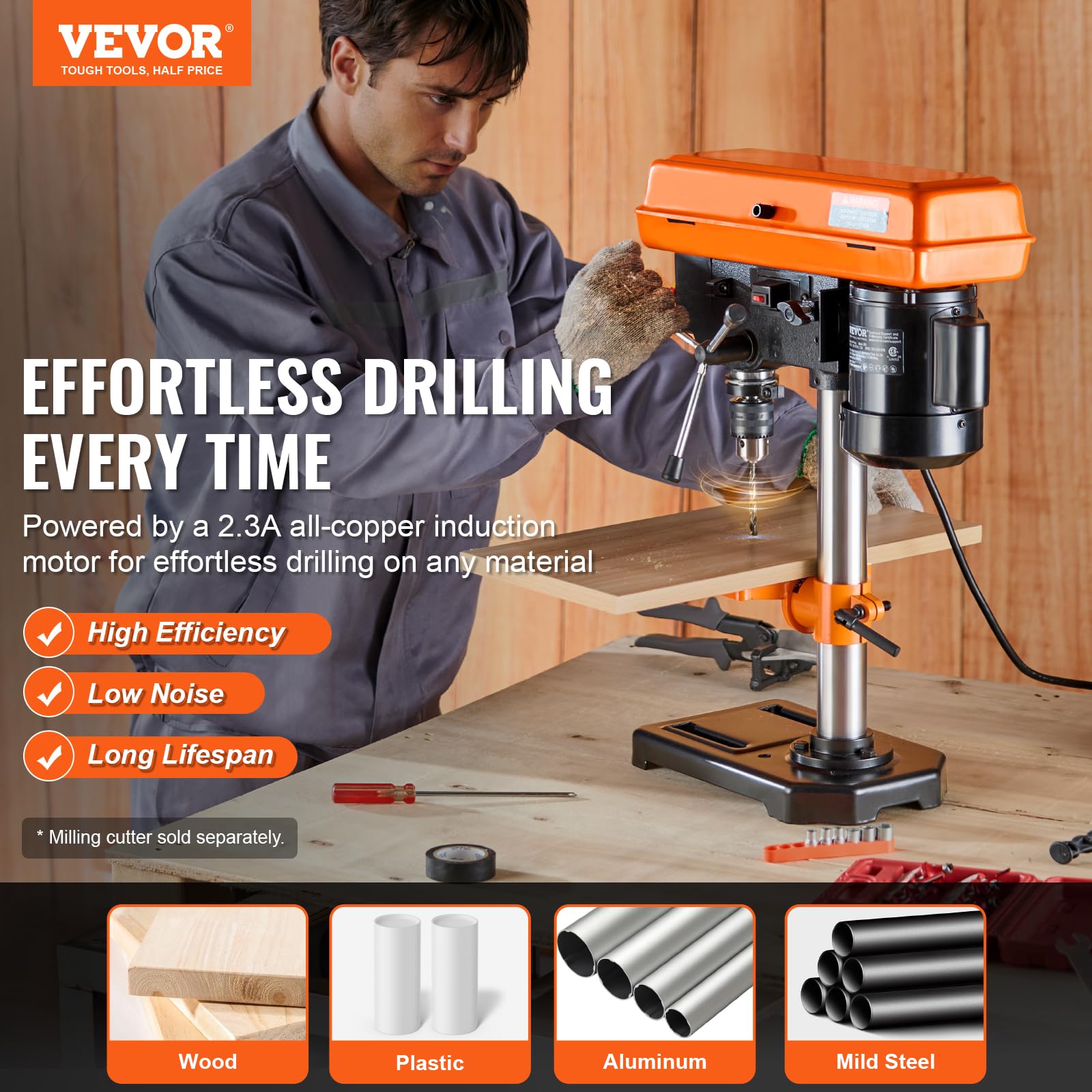 VEVOR 8 in Benchtop Drill Press, 2.3A Induction Motor, Tabletop Drilling Machine with 750/1140 / 1740/2340 / 3200 RPM Adjustable Speed, 0-45° Tilting Worktable, LED Work Light, for Wood Metal - WoodArtSupply