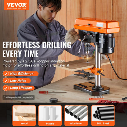 VEVOR 8 in Benchtop Drill Press, 2.3A Induction Motor, Tabletop Drilling Machine with 750/1140 / 1740/2340 / 3200 RPM Adjustable Speed, 0-45° Tilting Worktable, LED Work Light, for Wood Metal - WoodArtSupply