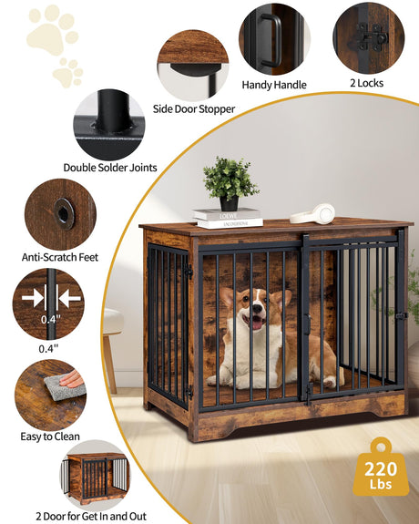 Hzuaneri Dog Crate Furniture, 32" Double Door Dog Crate with Barn Door, Dog Kennel Indoor, End Side Table Wooden Dog Crate for Small Medium Large Dog, Anti-Chew Anti-Escape, Rustic Brown DFC83601B Hzuaneri