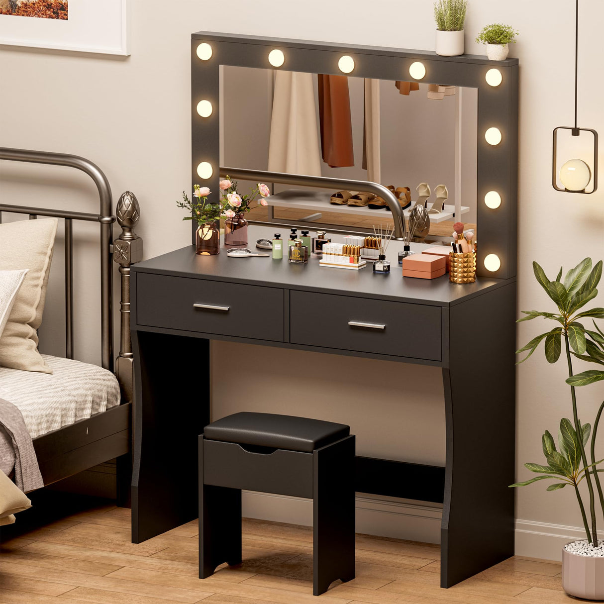 YESHOMY Vanity Desk with Mirror, Makeup Table with 11 Adjustable LED Lights and 2 Spacious Drawers, Soft-Padded Storage Stool, 3 Lighting Modes with Control, for Bedroom, Black YESHOMY
