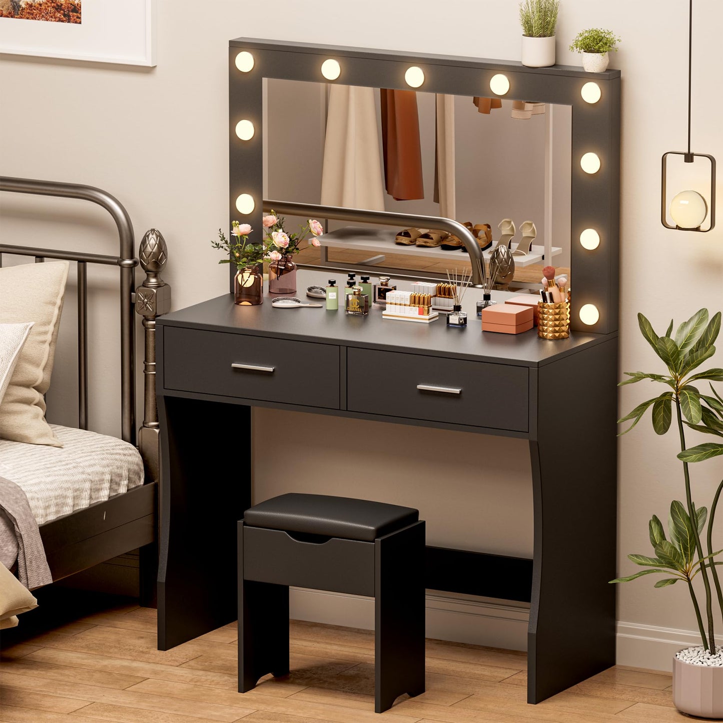 YESHOMY Vanity Desk with Mirror, Makeup Table with 11 Adjustable LED Lights and 2 Spacious Drawers, Soft-Padded Storage Stool, 3 Lighting Modes with Control, for Bedroom, Black - WoodArtSupply