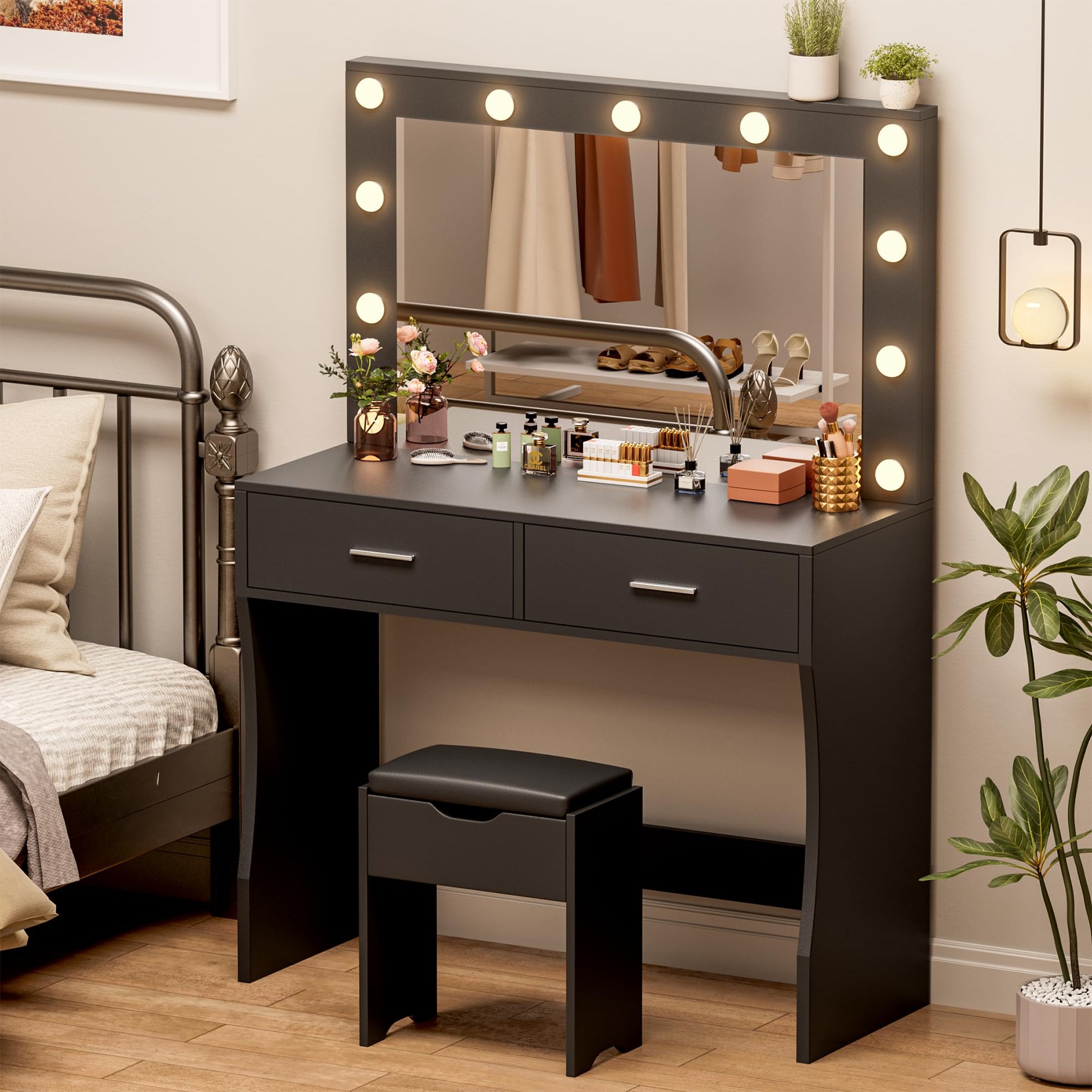 YESHOMY Vanity Desk with Mirror, Makeup Table with 11 Adjustable LED Lights and 2 Spacious Drawers, Soft-Padded Storage Stool, 3 Lighting Modes with Control, for Bedroom, Black - WoodArtSupply