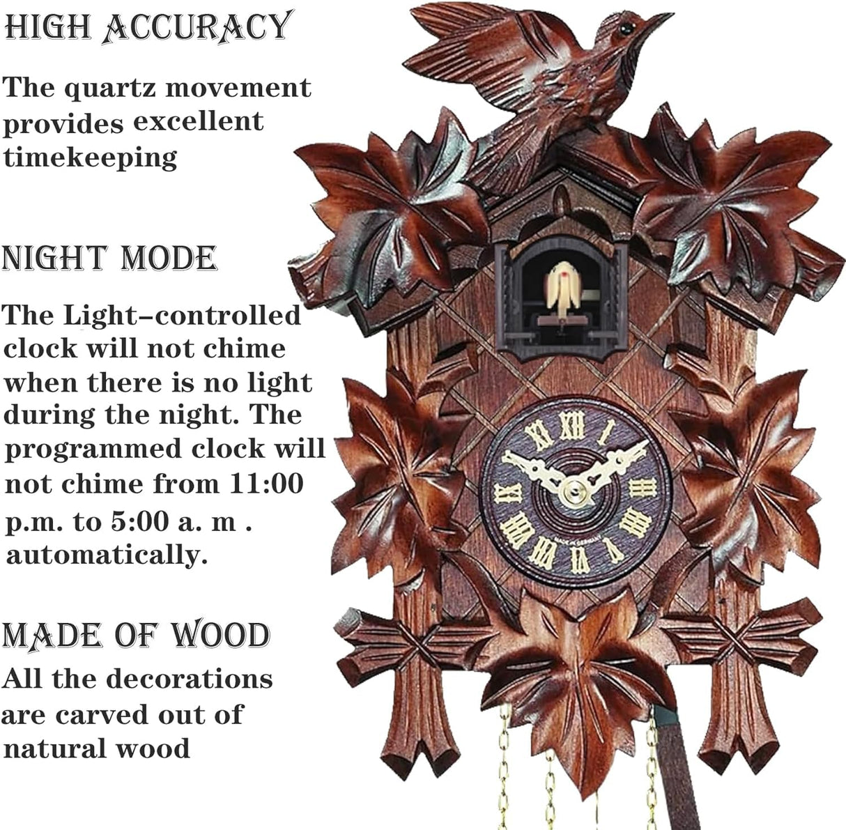 Pobking Engstler Quartz Cuckoo Clock 5-Leaves, with Singing Bird,Night Mode and Swinging Pendulum, Quartz Cuckoo Clock for Wall, Walnut Pobking