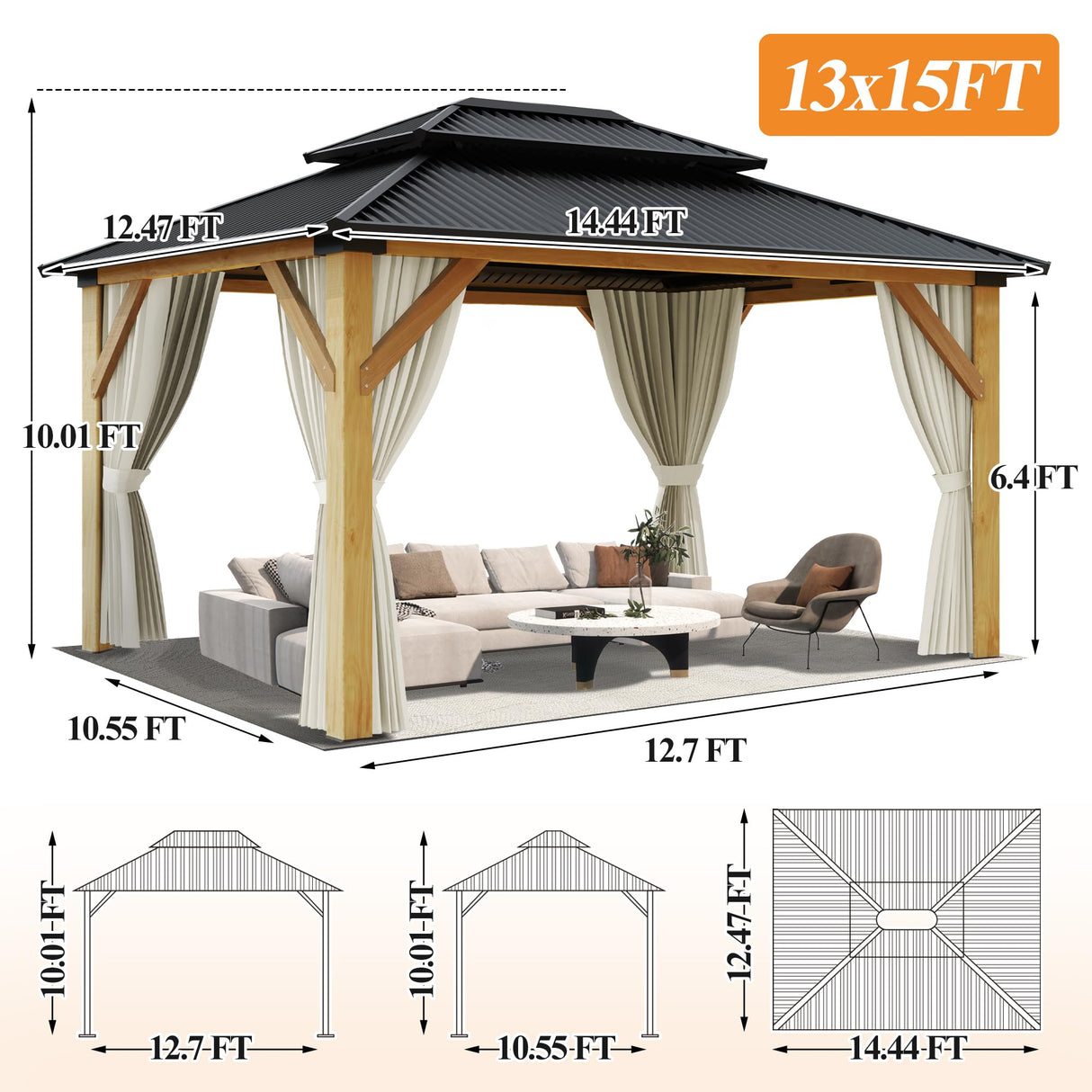 GARTOO 13’x15’ Patio Wooden Gazebo, Galvanized Steel Roof Gazebo with Privacy Curtains and Netting, Double Vented Roof Hardtop Gazebo for Garden, GARTOO