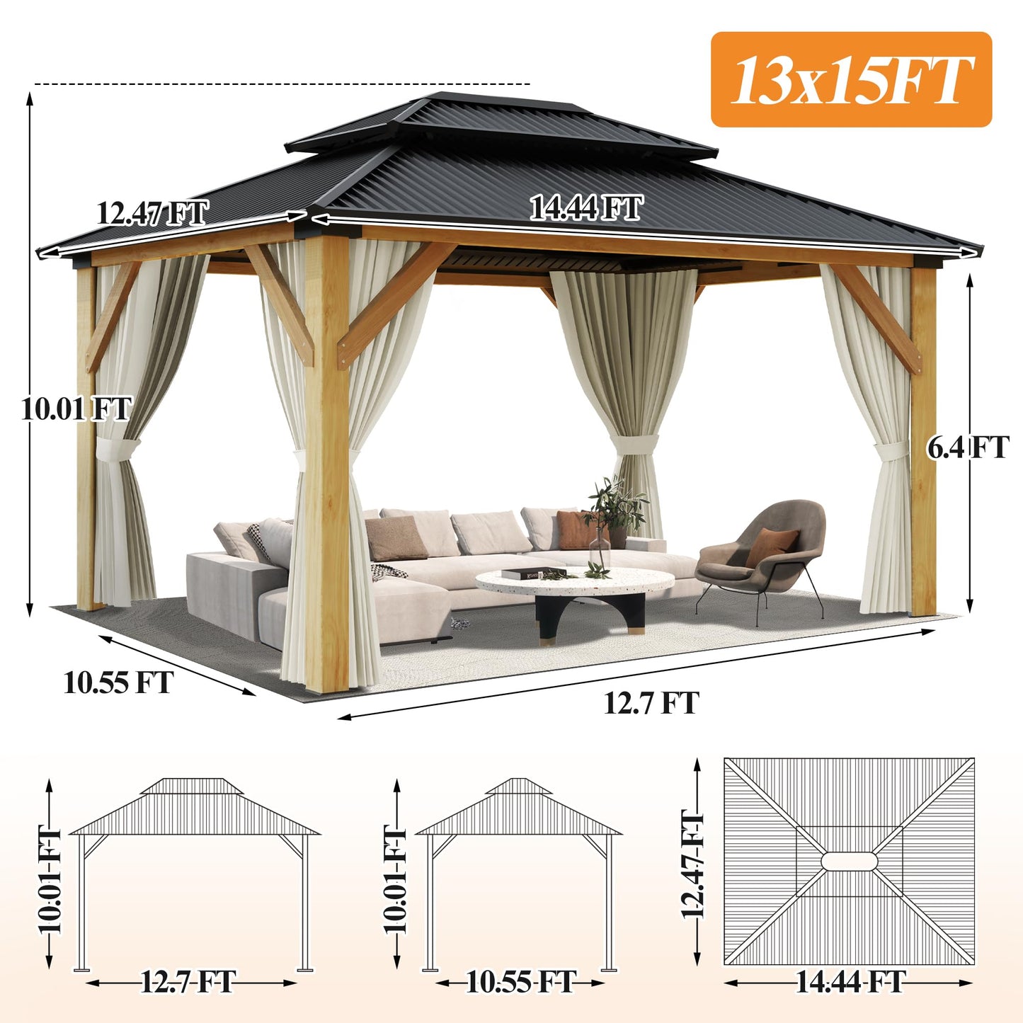 GARTOO 13’x15’ Patio Wooden Gazebo, Galvanized Steel Roof Gazebo with Privacy Curtains and Netting, Double Vented Roof Hardtop Gazebo for Garden, - WoodArtSupply