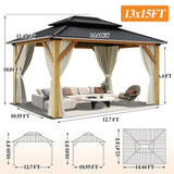 GARTOO 13’x15’ Patio Wooden Gazebo, Galvanized Steel Roof Gazebo with Privacy Curtains and Netting, Double Vented Roof Hardtop Gazebo for Garden, GARTOO