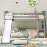 Montessori Floor Bunk Bed Twin Over Twin, Twin Bunk Bed with Slide and Ladder, Kids Bunk Beds with Guardrail Headboard and Footboard, Low Bunk Beds for Kids, Boys, Girls, Twin Bunk Bed Gray Bellemave