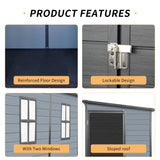 LANTRO JS 4x8FT Plastic Storage Shed with Floor, Outdoor Storage Shed with Floor Included, with 2 Windows and Lockable Door, Backyard Storage Sheds for Garden Tools, Bike, Gray and Black LANTRO JS
