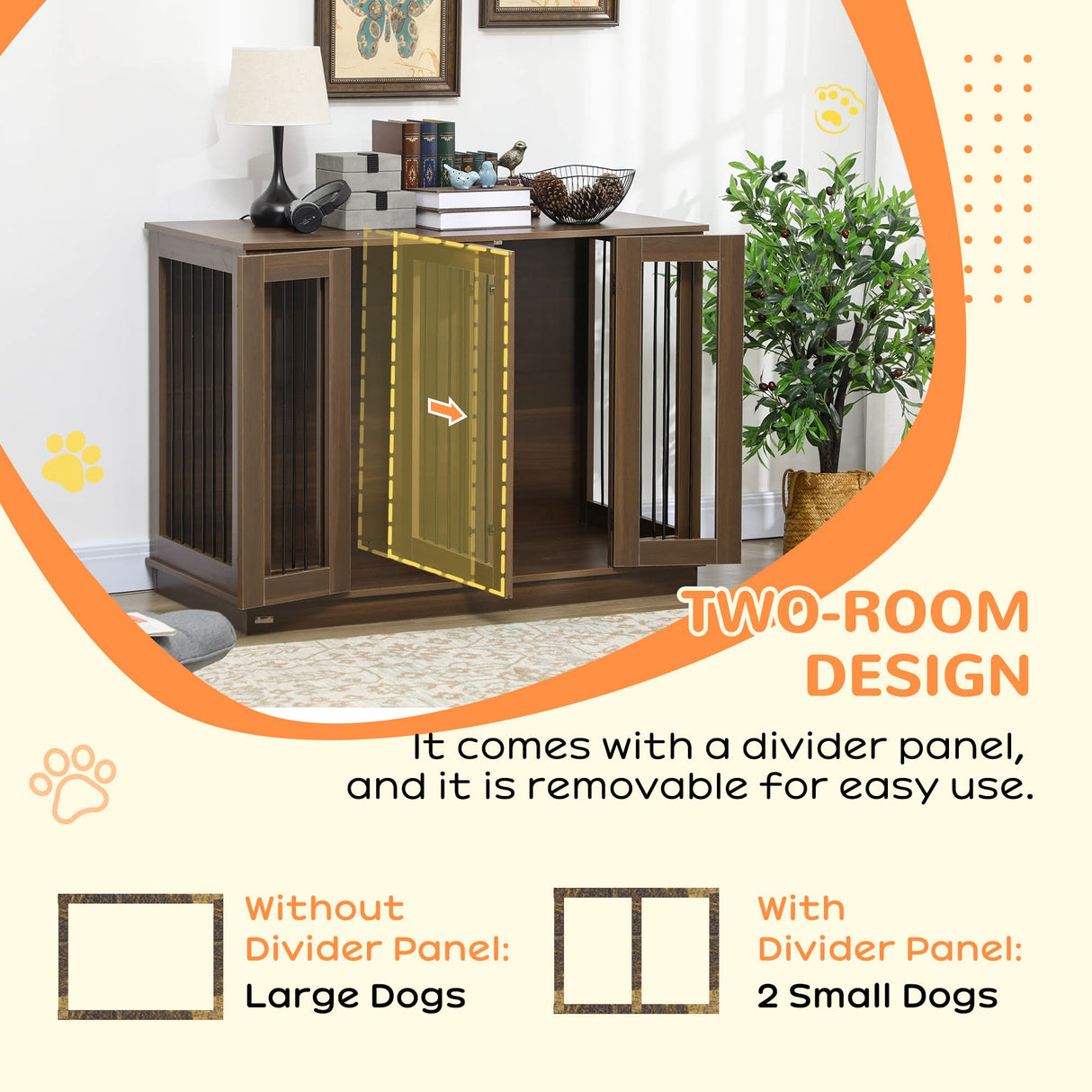 PawHut Furniture Style Dog Crate with Removable Divider, Dog Crate Side End Table Indoor with Double Doors, for Small to Large Dogs, 47" x 23.5" x 35", Walnut PawHut